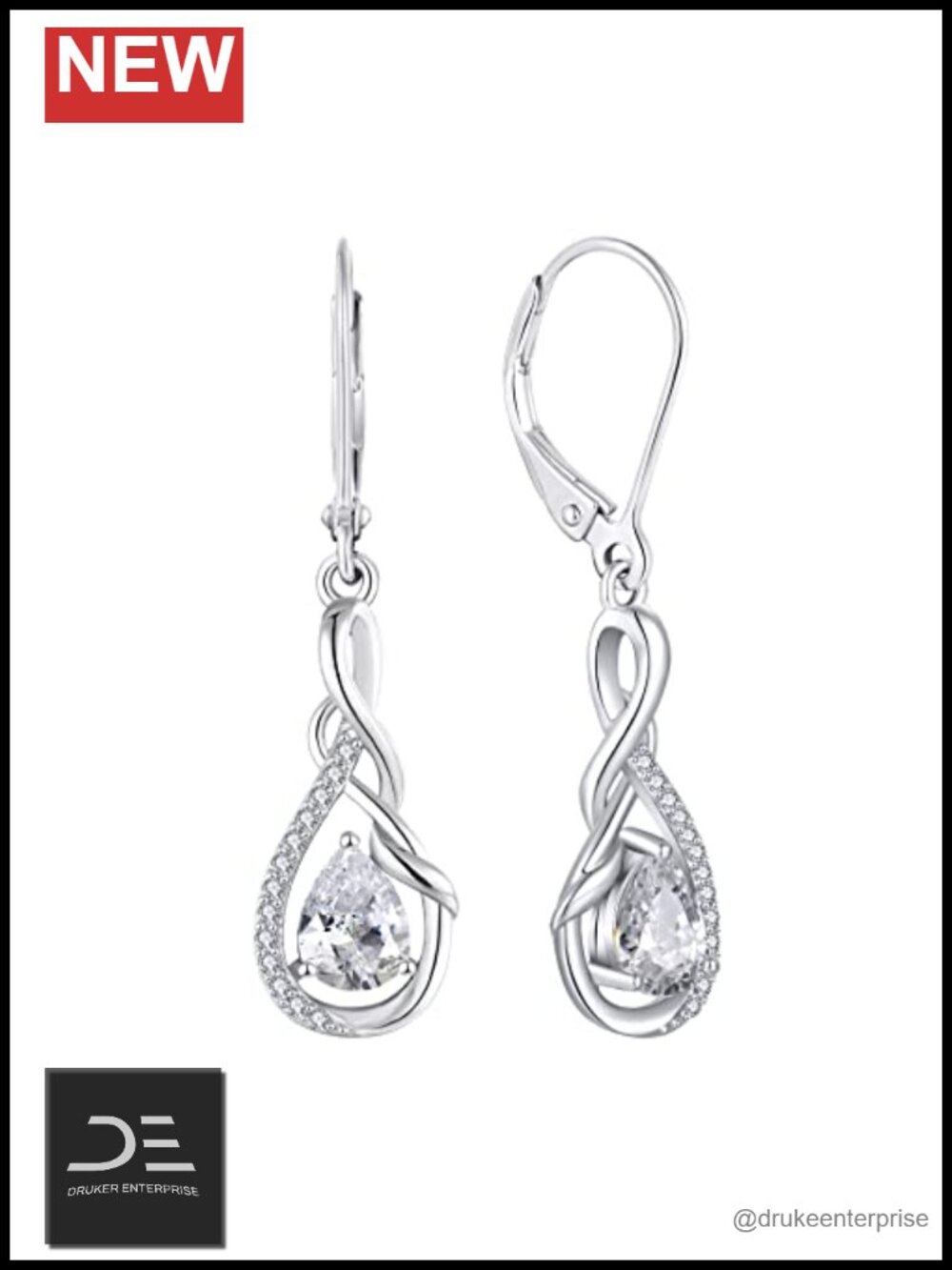 925 Sterling Silver Infinity Dangle Drop Earrings Cubic Zirconia Leverback